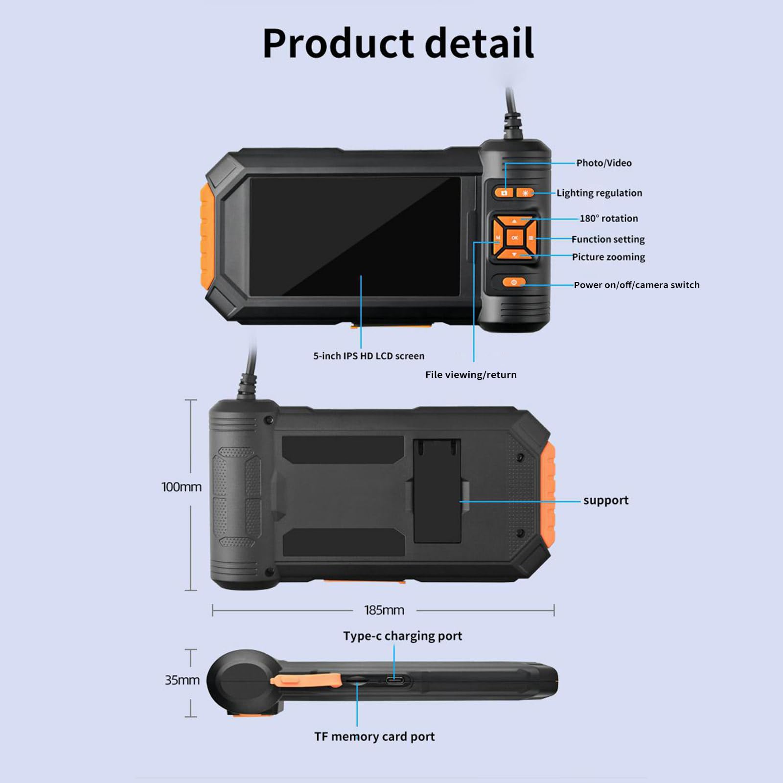 Shkalacar Kamera inspekcyjna rury, kamera endoskopowa ze światłem, boroskop HD 1080P z 5-calowym ekranem LCD, ze sztywnym kablem 16,4 stopy, kamerą kontrolną z pojedynczym lub podwójnym obiektywem