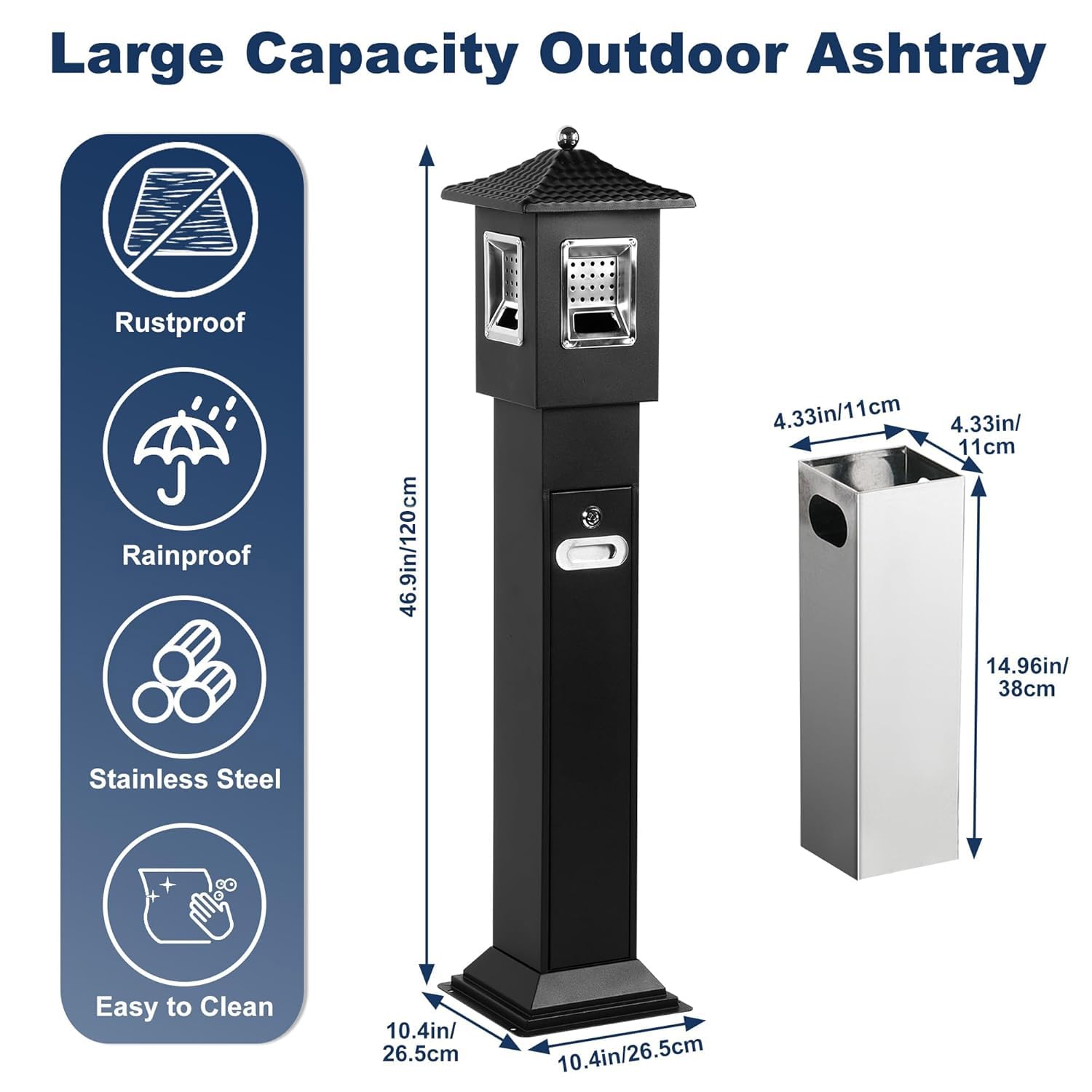 Cubo de basura de 120 cm para exteriores, de acero inoxidable, vertical, con 4 entradas, resistente al agua, con cubo interior de acero