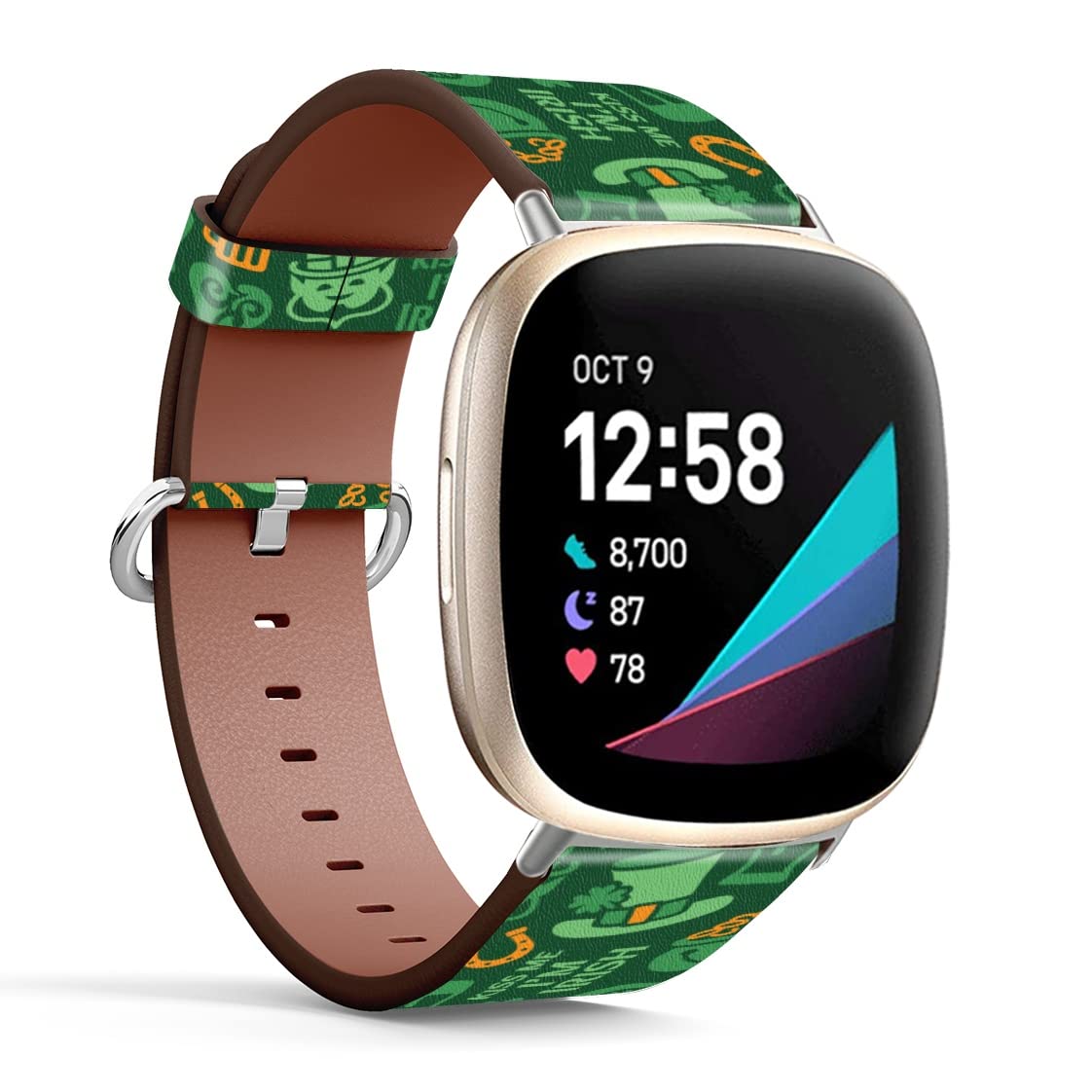 Mingdao Compatible with Fitbit Sense 2 / Sense / Versa 4 / Versa 3 Patterned Leather Replacement Band (St. Patrick Irish Pattern)