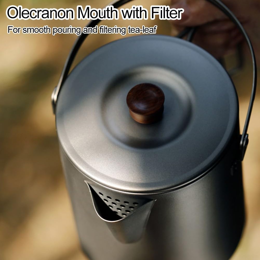 Hervidor de camping de titanio de 1,5 L con mango de madera, cafetera ligera para exteriores con boquilla de filtro para senderismo, mochileros, uso en estufas