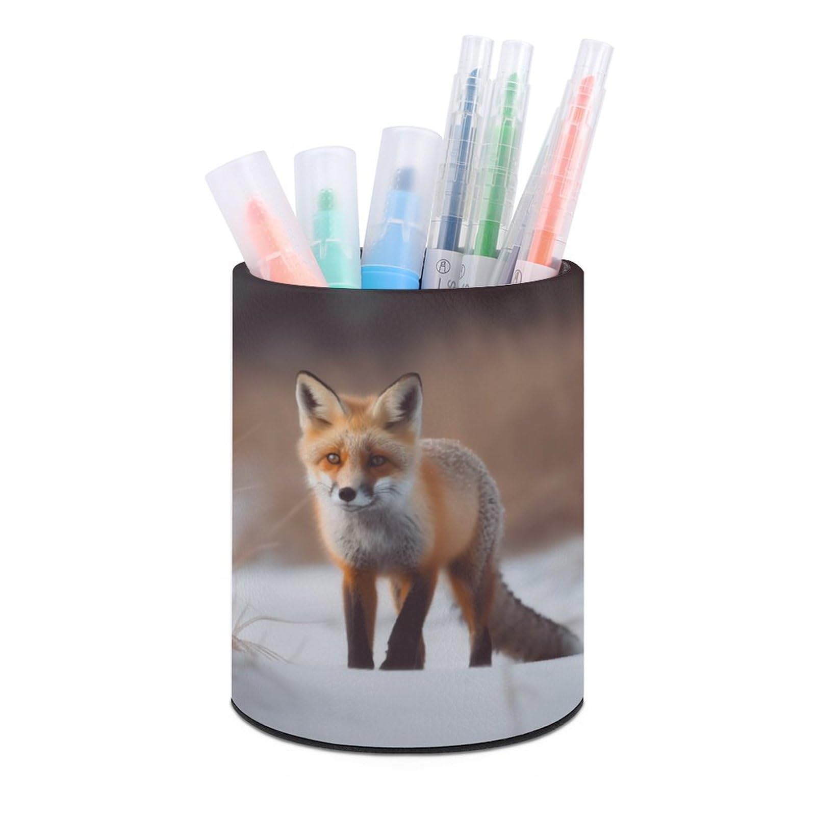 JTREHY Round Pen Holder,Cute Fox Printed Makeup Brush Storage Box Desktop Stationery Storage Cup Office Accessories Storage Box Pencil Storage Box for Home Office Dressing Table