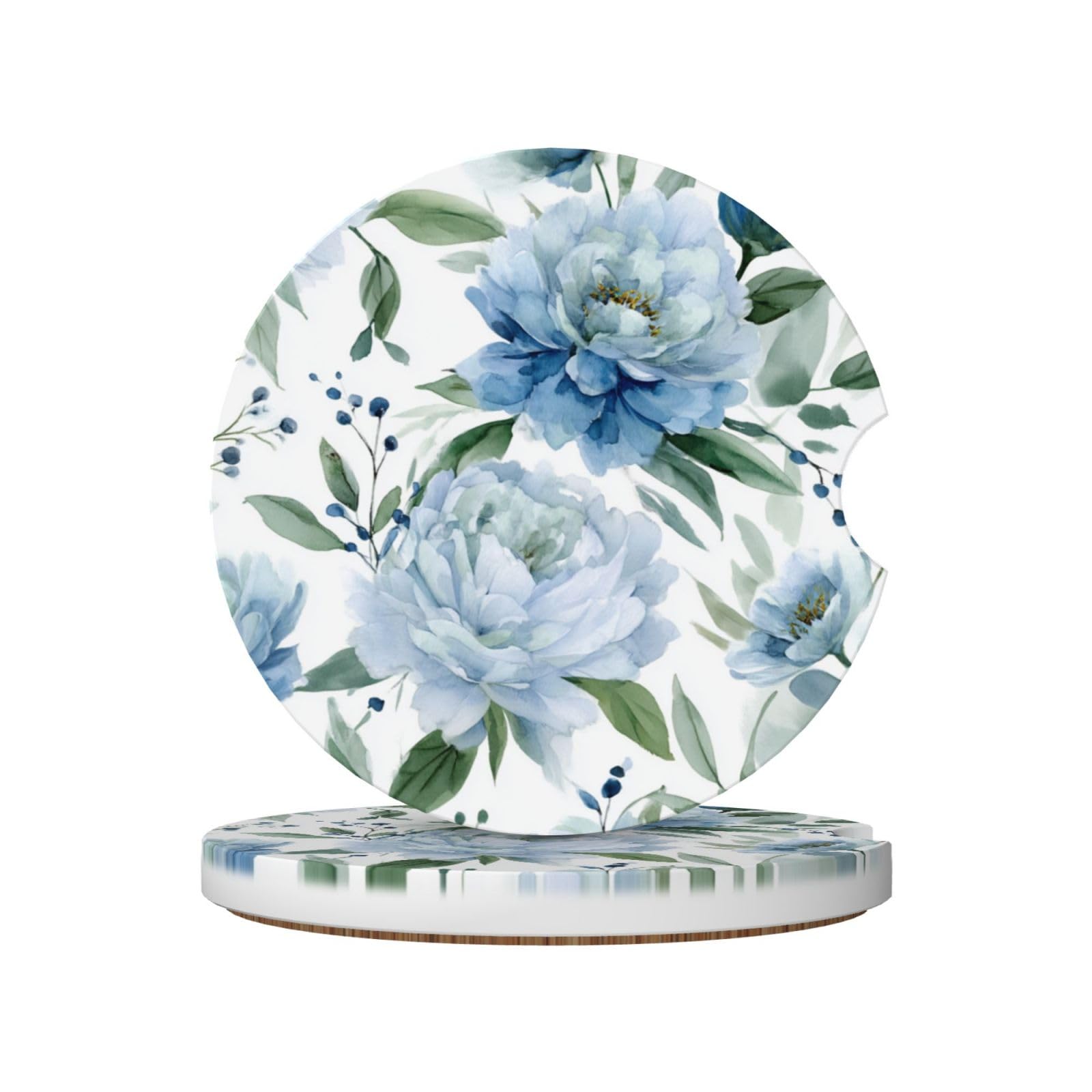 Watercolor Peonies and Wildflowers in Pale Blue Ceramic Coasters,2pcs