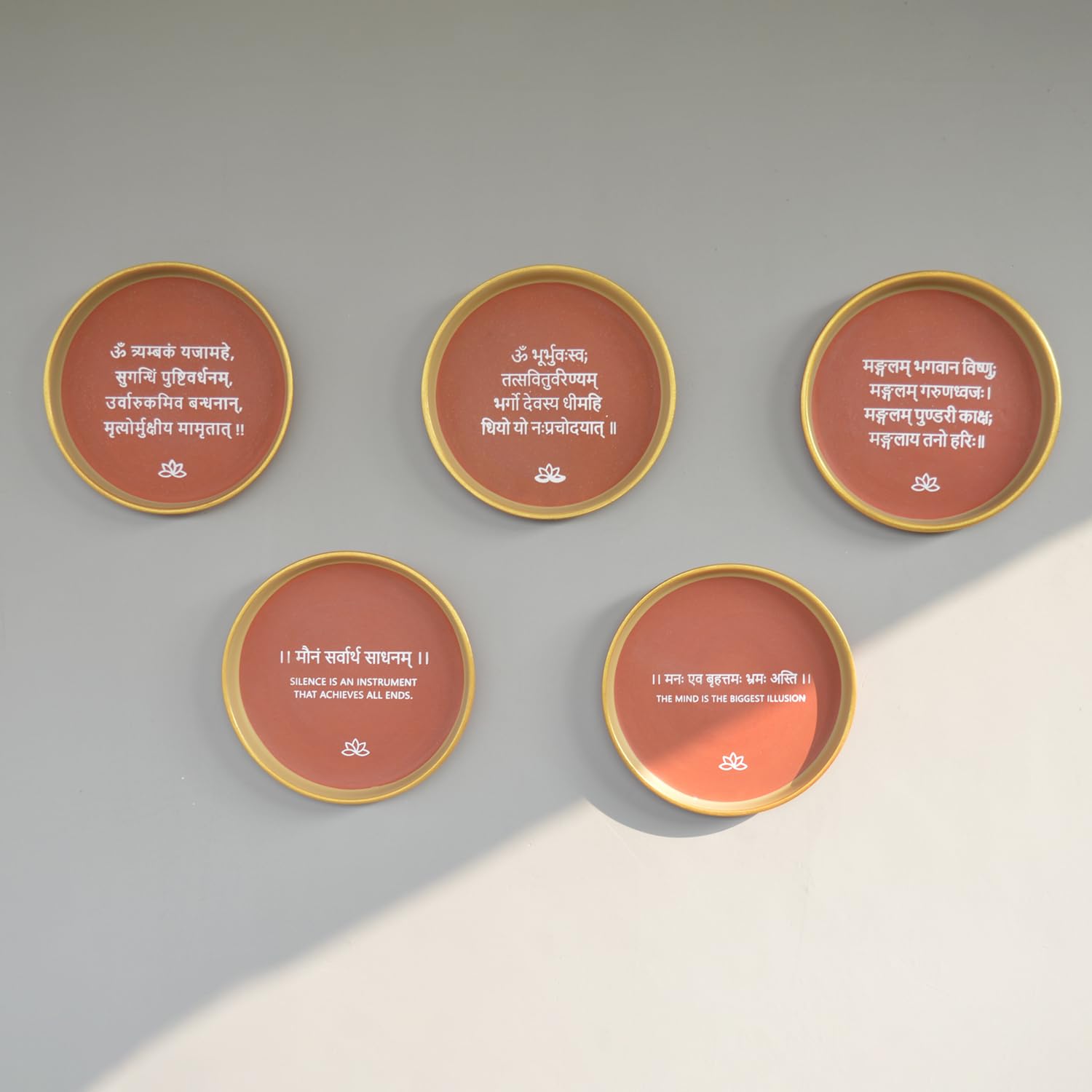 Almiro Tree Terracotta Wall Plate with Sanskrit Mantras Combo Pack Of 5 | Wall Decoration Items for Living Room, Bedroom, Office | Wall Decor | Gift Items, 20 cm