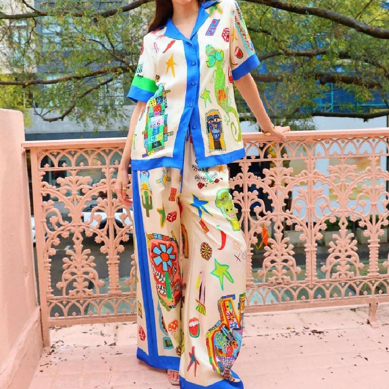 Women's Casual Summer 2 Piece Beach Outfit Button Down Shirt and Wide Leg Pants Pajamas Lounge Sleepwear Sets3