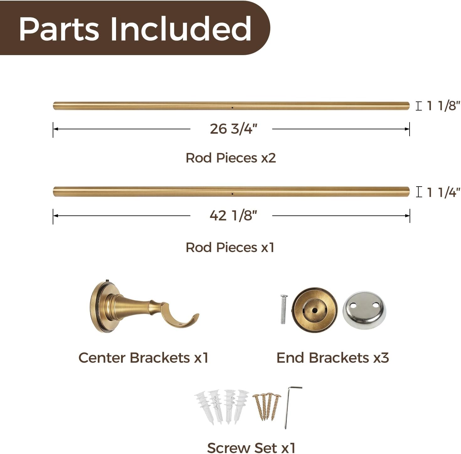 TWOPAGES French Return Curtain Rod 48 to 84 Inch, 1.25 Inch Gold Room Darkening Window Rod, Adjustable Wrap Around Blackout Curtain Rod for Living Room & Bedroom, Heavy Duty Metal, Burnished Brass