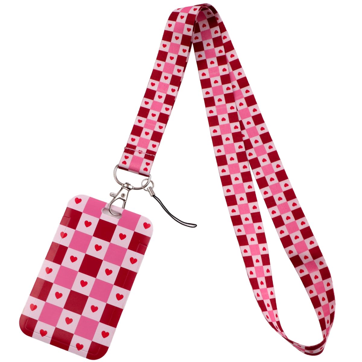 Pink & Red ID Lanyard with Card Holder Love Heart ID Badge Holder Cute Keychain Neck Lanyard for Keys ID Badges Name Tag for Women Kids Girls Nurses Teachers for Work & Preppy School ID Holder(Plaid)