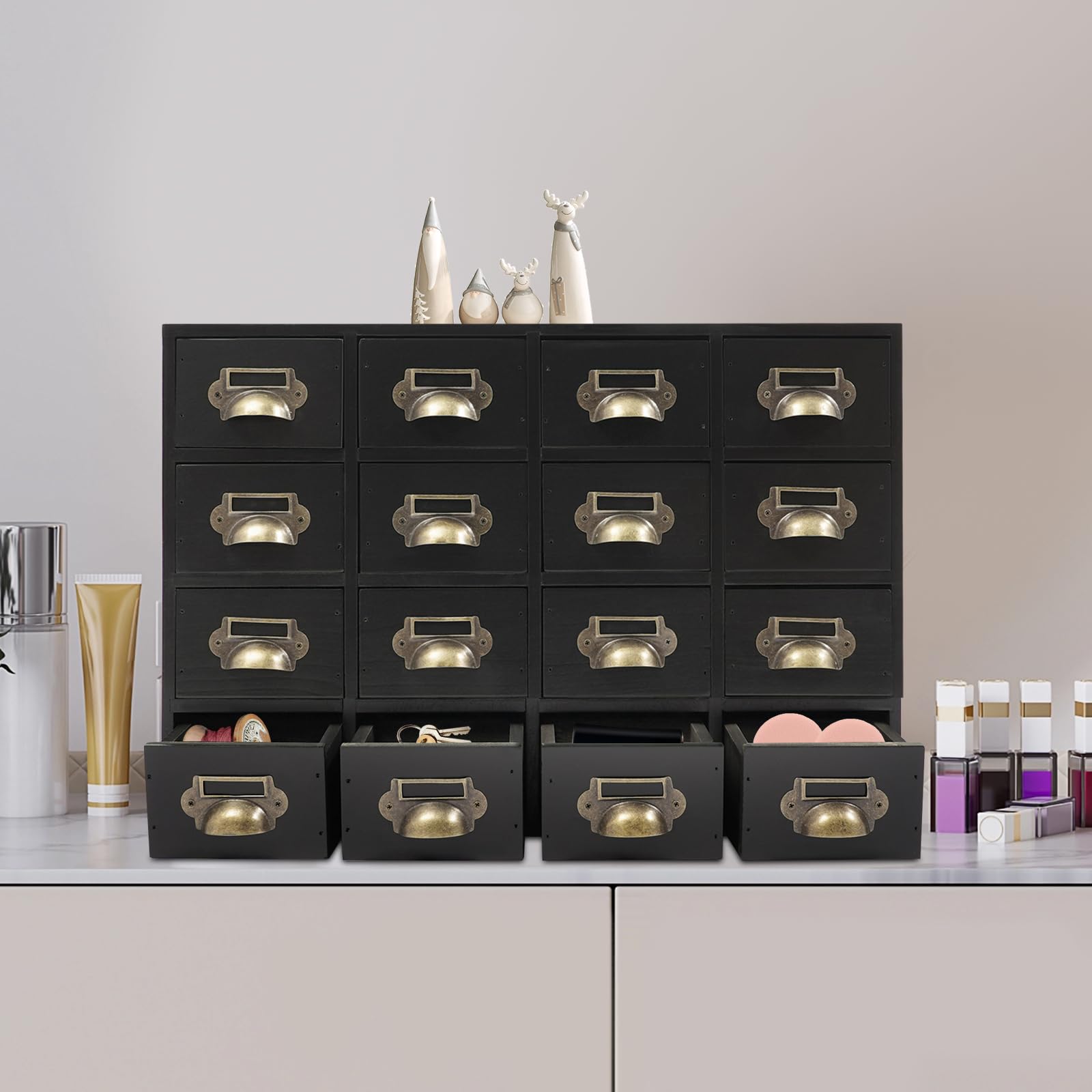 Armoire à tiroirs avec 16 tiroirs - Boîte de rangement pour bureau - Pour cosmétiques, bijoux, papeterie - 50 x 10 x 35 cm (noir)
