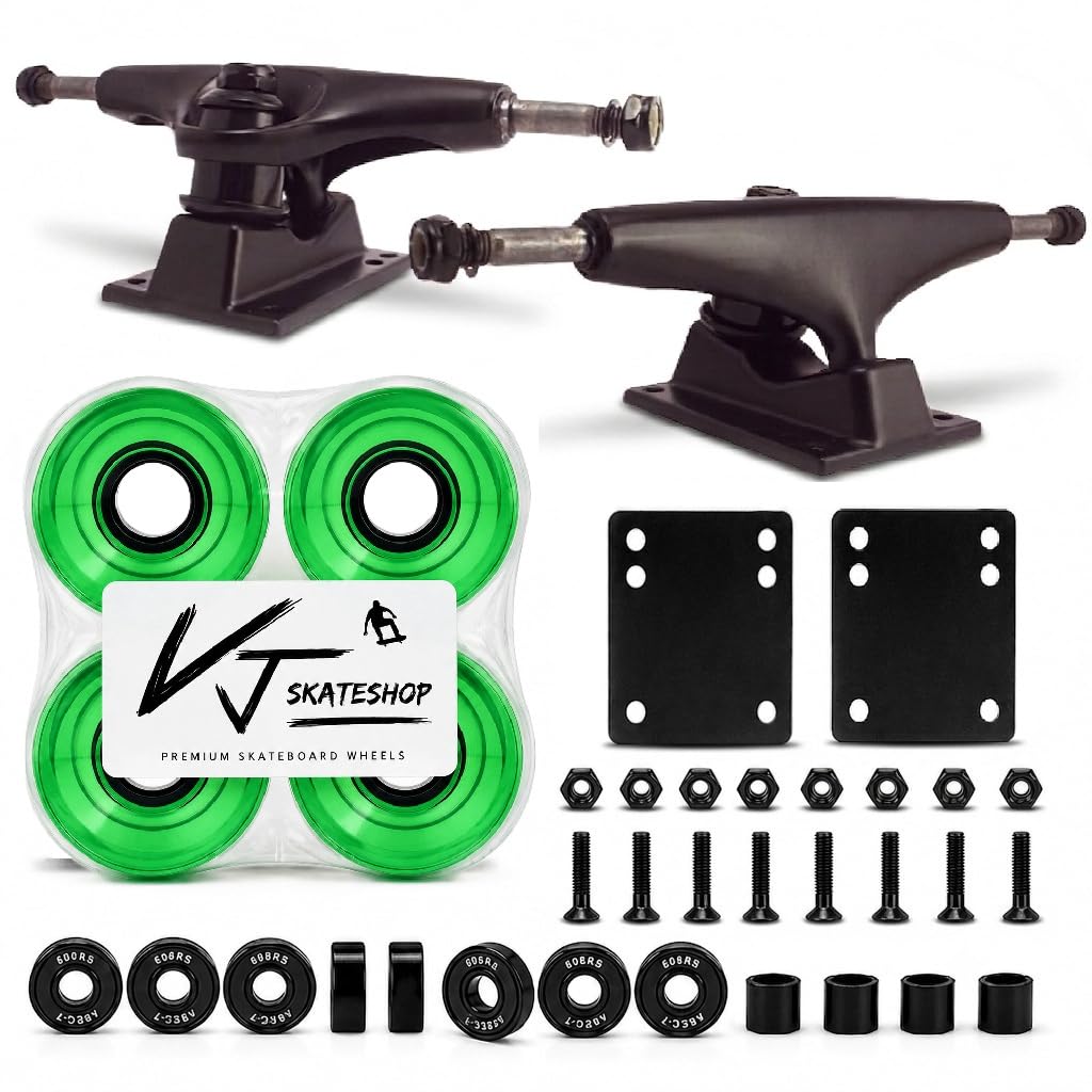 Skateboard Truck and Wheel, 5.0 Skateboard Trucks (Black) w/Skateboard Crusier Wheel 60mm, Skateboard Bearings, Skateboard Screws, Skateboard Riser Pads (Gel green) โ image 1