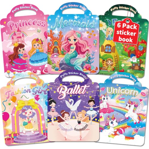 Kalysky Lot de 6 Livres d'autocollants Réutilisables pour Filles, Autocollant 3D pour les Enfants, Unicorne, Sirène, Princesse, Fille de mode, Fée, Ballet,...