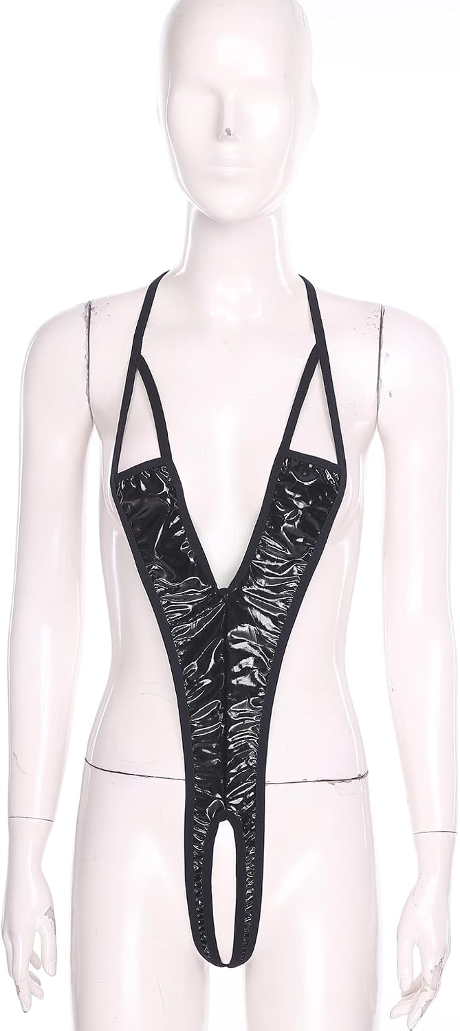 Hularka Womens Metallic Shiny Hollow Out Lingerie Bodysuit Halter Neck High Cut Thongs Leotard