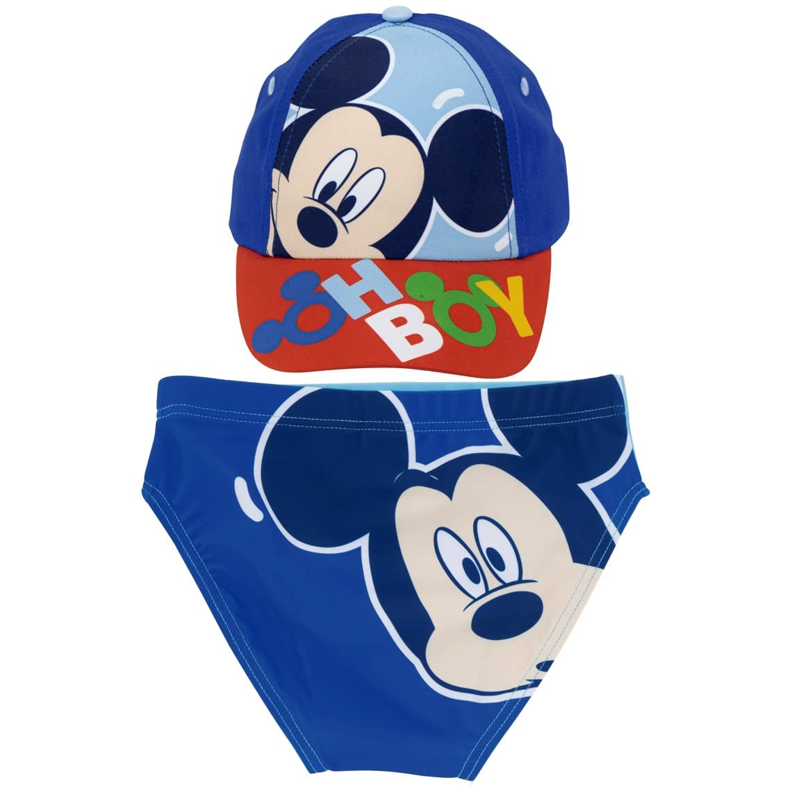 REQUETEGUAY Bañador Mickey Mouse Disney para Playa o Piscina + Gorra Mickey Mouse para Niños | Pack de Bañador y Gorra Disney Mickey Mouse | Bañador Mickey Mouse Tipo Slip + Gorra Disney Ajustable