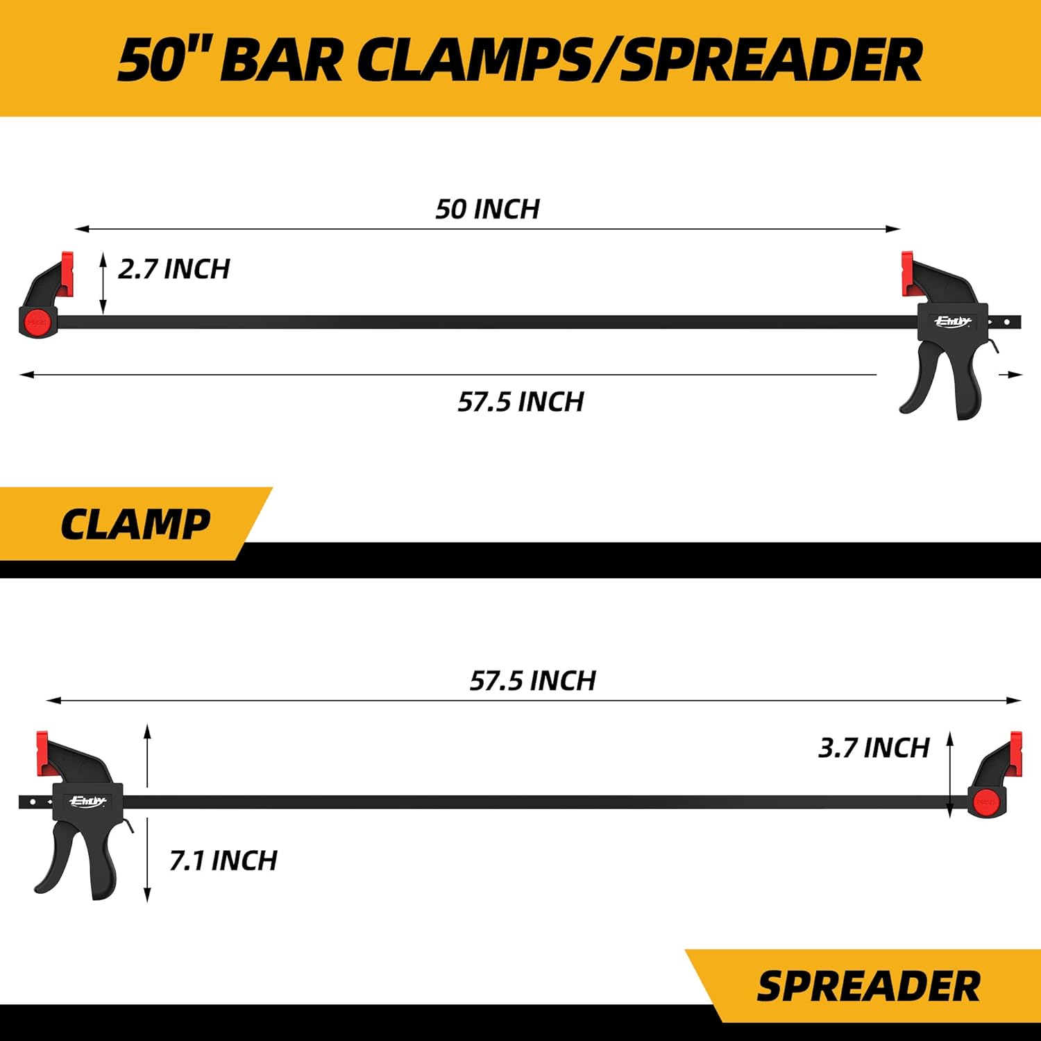 50" Bar Clamps for Woodworking 2-Pack, One-Handed Clamp/Spreader, Light-Duty Quick-Change F Clamp with 170 LBS Load Limit, Ideal for Woodworking/Carpentry/Home Improvement/DIY