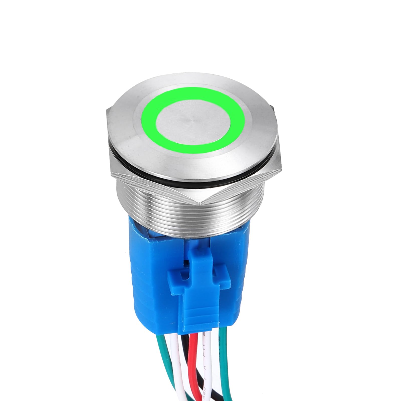 DMiotech 1 3/16 Inch Stainless Steel Momentary Push Button Switch Flat Head 5A 12-24V Silver Shell 6 Pin with Cable Socket Green Ring LED 1NO1NC for Car Boat Systems Custom Setups