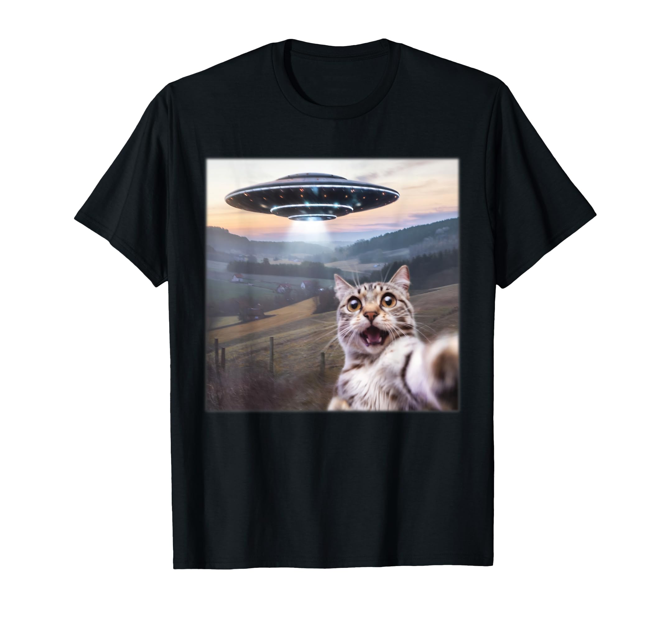 Cat Selfie With Alien UFO Funny Cat Meme For Men Women Kid T-Shirt