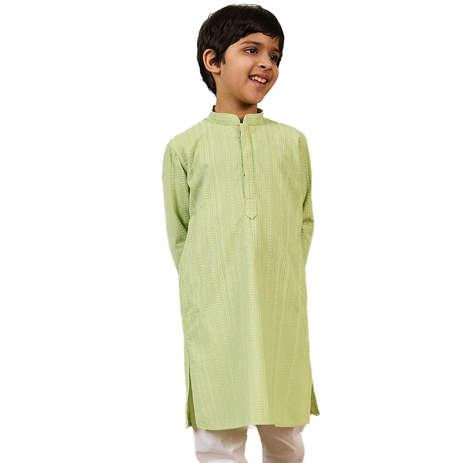 Sanwara Chic & Classic Boys Solid Light Green Chikankari Designer Cotton Kurta 28(