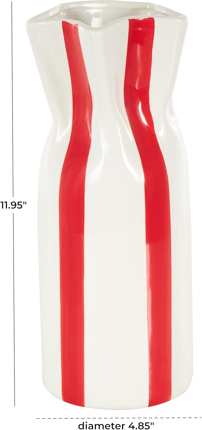 Deco 79 Ceramic Decorative Vase Round Centerpiece Vase with Red Vertical Stripes, Flower Vase for Home Decoration 5" x 5" x 12", White - Image 6