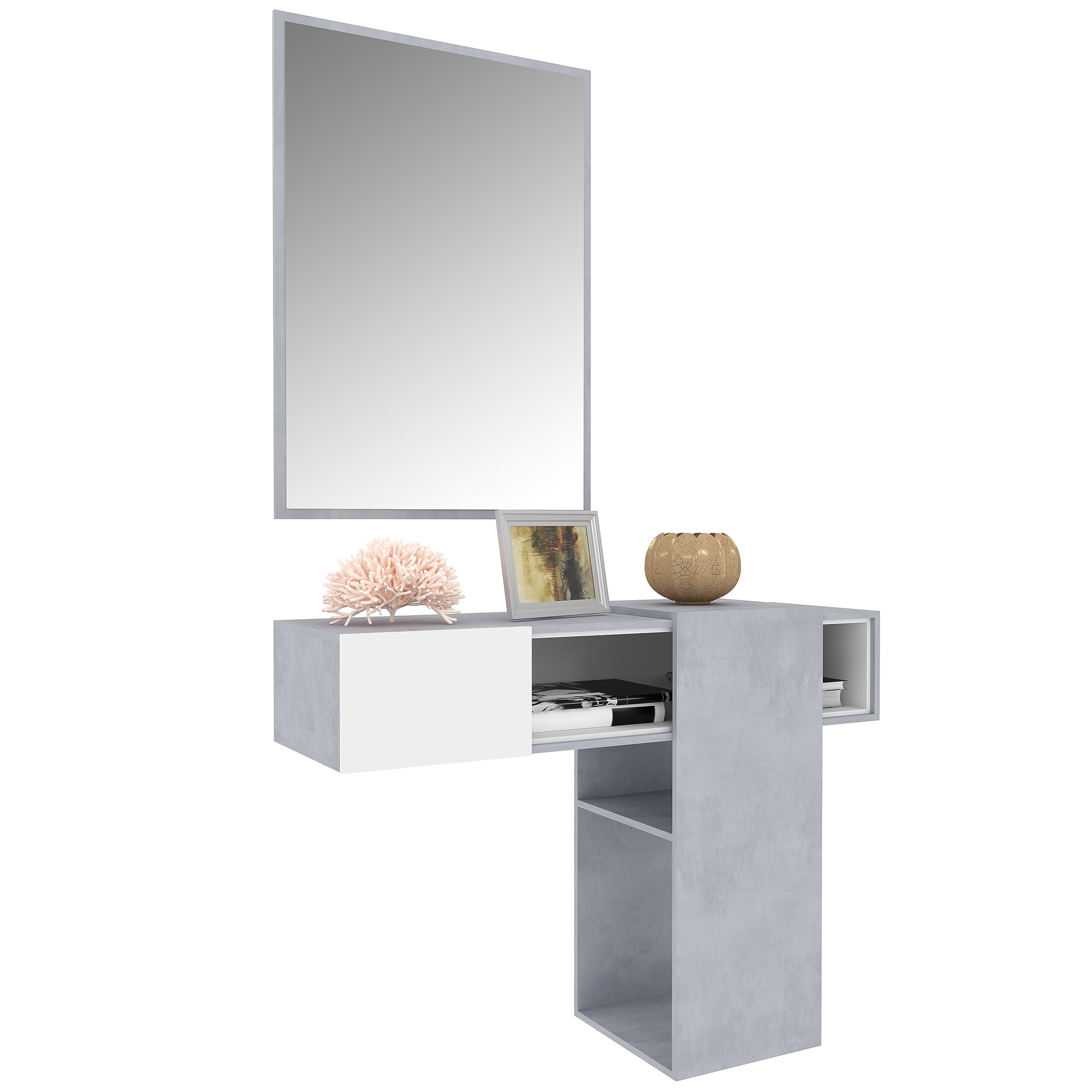 Mobile Danzica Mobiletto Da Ingresso Mensola Sospesa Con Specchio E Ripiani Scorrevole Arredo Arredamento Sala 100 x 31.5 x 75 cm Colore Bianco e Cemento