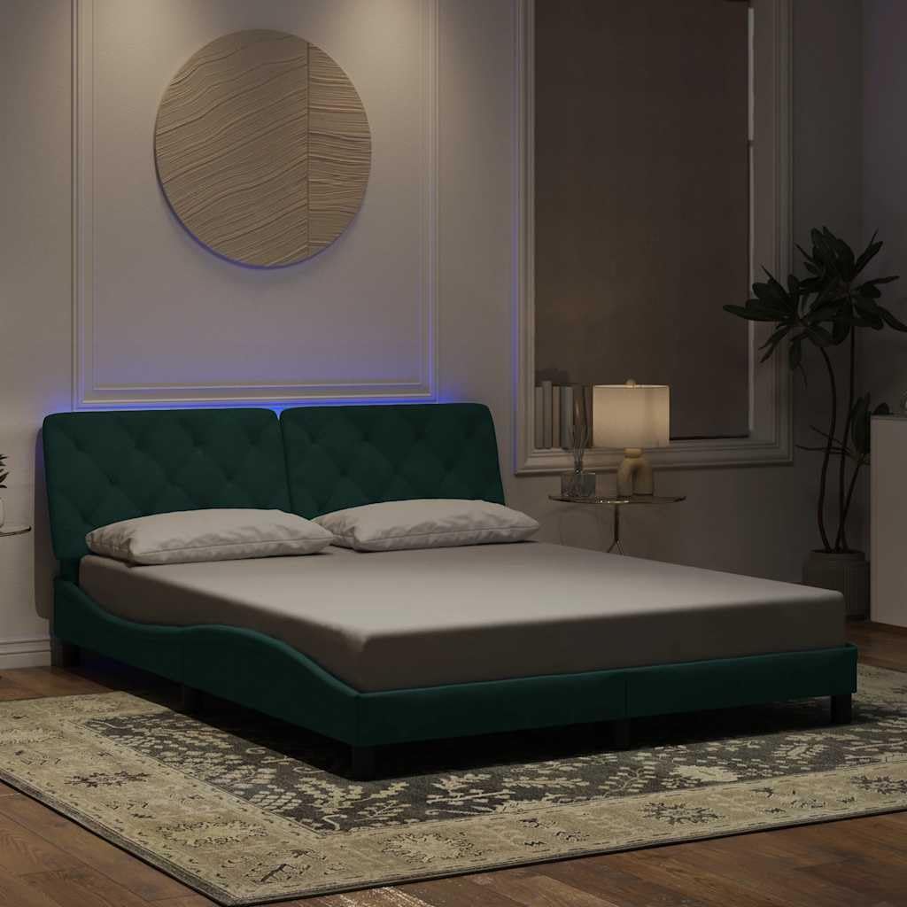 Ciemnozielona aksamitna rama łóżka z diodami LED, 160 x 200 cm, falista konstrukcja, łóżko tapicerowane bez materaca, metal i drewno sosnowe, do sypialni, nowoczesne wzornictwo