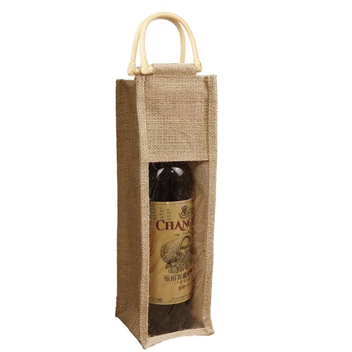 PawPawU Wine Bottle Gift Bags With Handle, Reusable Burlap Single Red Wine Holder Carrier with Window to Present Wine, Champagne, Beer and Other Spirits (For Single Bottle)
