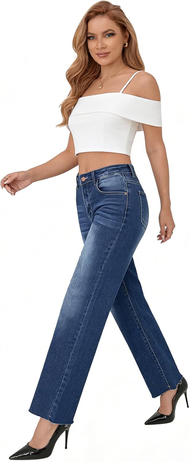 Women's Wide Leg Jeans High Waisted Stretchy Petite-Friendly - Frayed Raw Hem Casual Straight Leg Pants