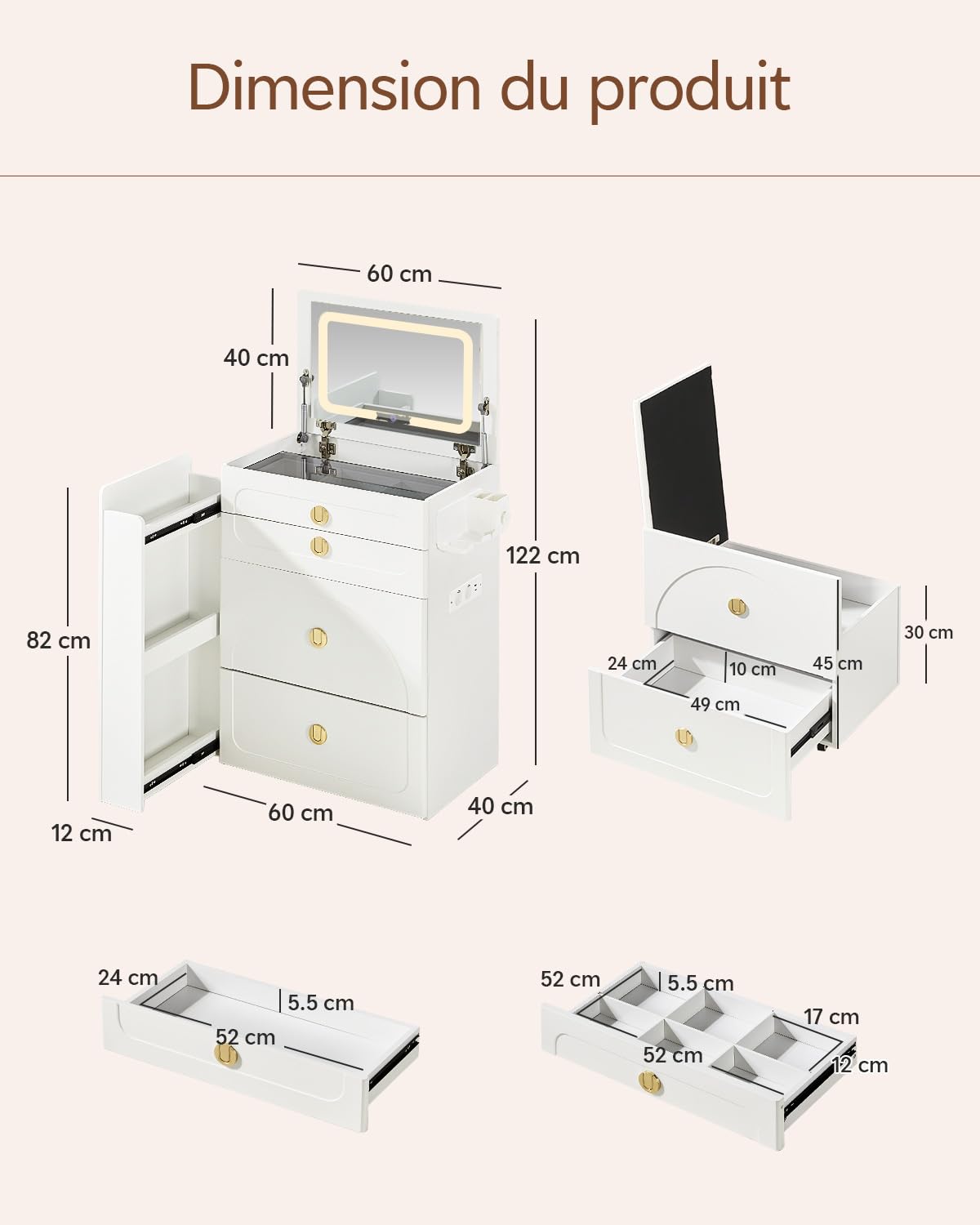 TUKAILAI 3 in 1 Schminktisch mit Klappspiegel Kosmetiktisch mit sichtbarer Glasplatte, 3 Schubladen, Seitiger Stauraumund, Aufbewahrungshocker, Vanity Table für kleine Räume Schlafzimmer, Weiß