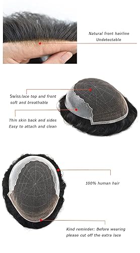 Miniatura 6 de Toupee - Sistemas de reemplazo de cabello para hombre, encaje frontal suizo, nudo blanqueado, pieza de cabello humano natural (1# negro azabache, 8