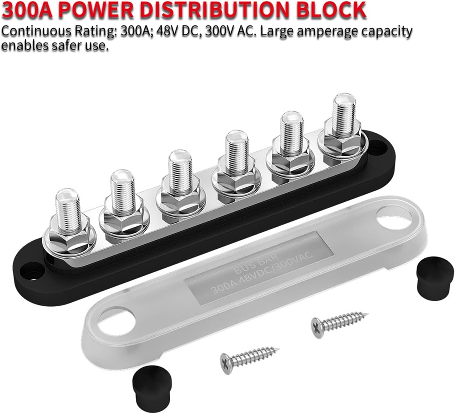 300A Negative Bus Bar 12V Distribution Block M10 Terminal Studs 48V DC Positive Ground Busbar for Automotive Car Boat 1Pcs(Red Color)