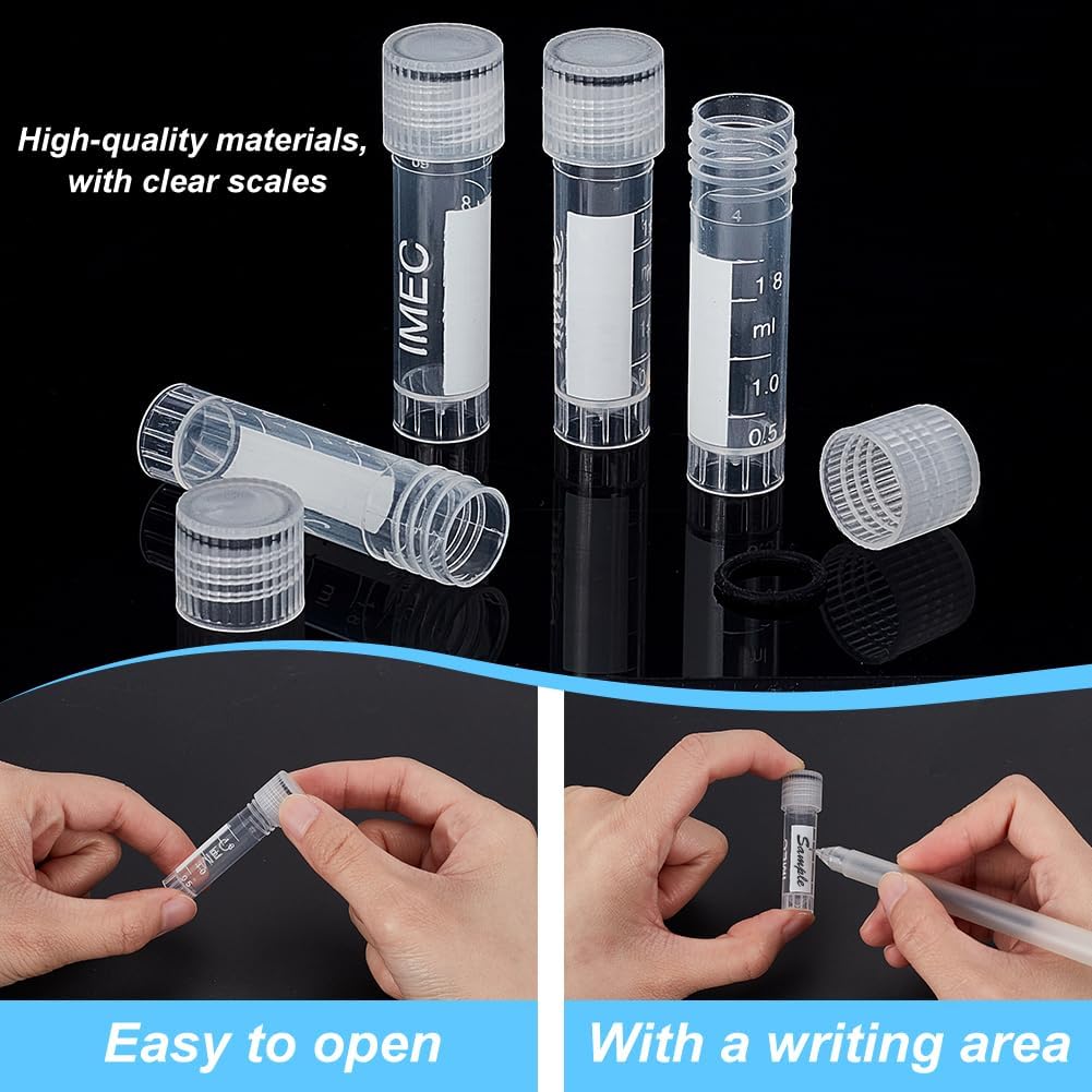 AHANDMAKER 50Pcs 1.8ml Clear Graduated Tube with Screw Caps, Sample Containers Tube Self Standing Plastic Cryogenic Vial Tube for Storage, Scientific Experiments