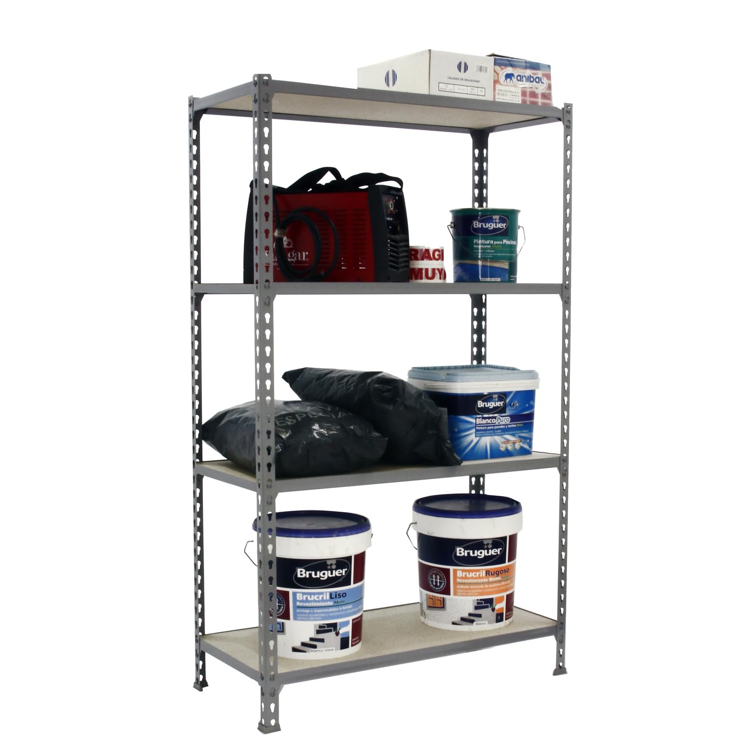 Simon Rack Regał metalowy z półkami z płyty MDF 1500x800x500 mm, 4 półek, nośność 150 kg na półkę, regał magazynowy i garażowy, stabilna konstrukcja, kolor Szary/Drewno – Simon Classic