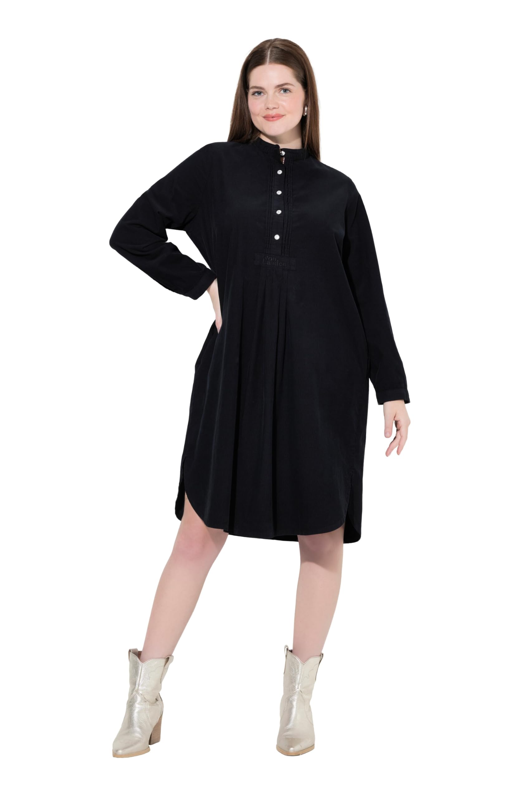 Ulla Popken Damen große Größen Übergrößen Plus Size Cordkleid, Stehkragen, Biesen, Zierfalten, Langarm 832921