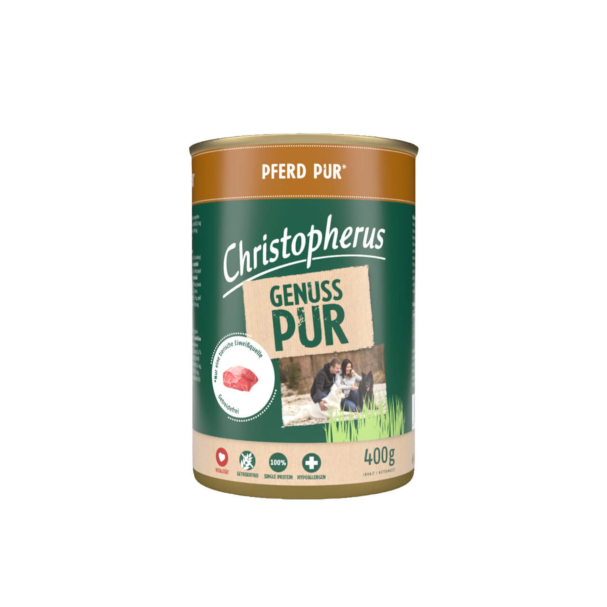 Christopherus Genuss PUR Getreidefreies Nassfutter für Hunde, Singleprotein, Pferd, Vollnahrung, 6 x 400 g Dosen