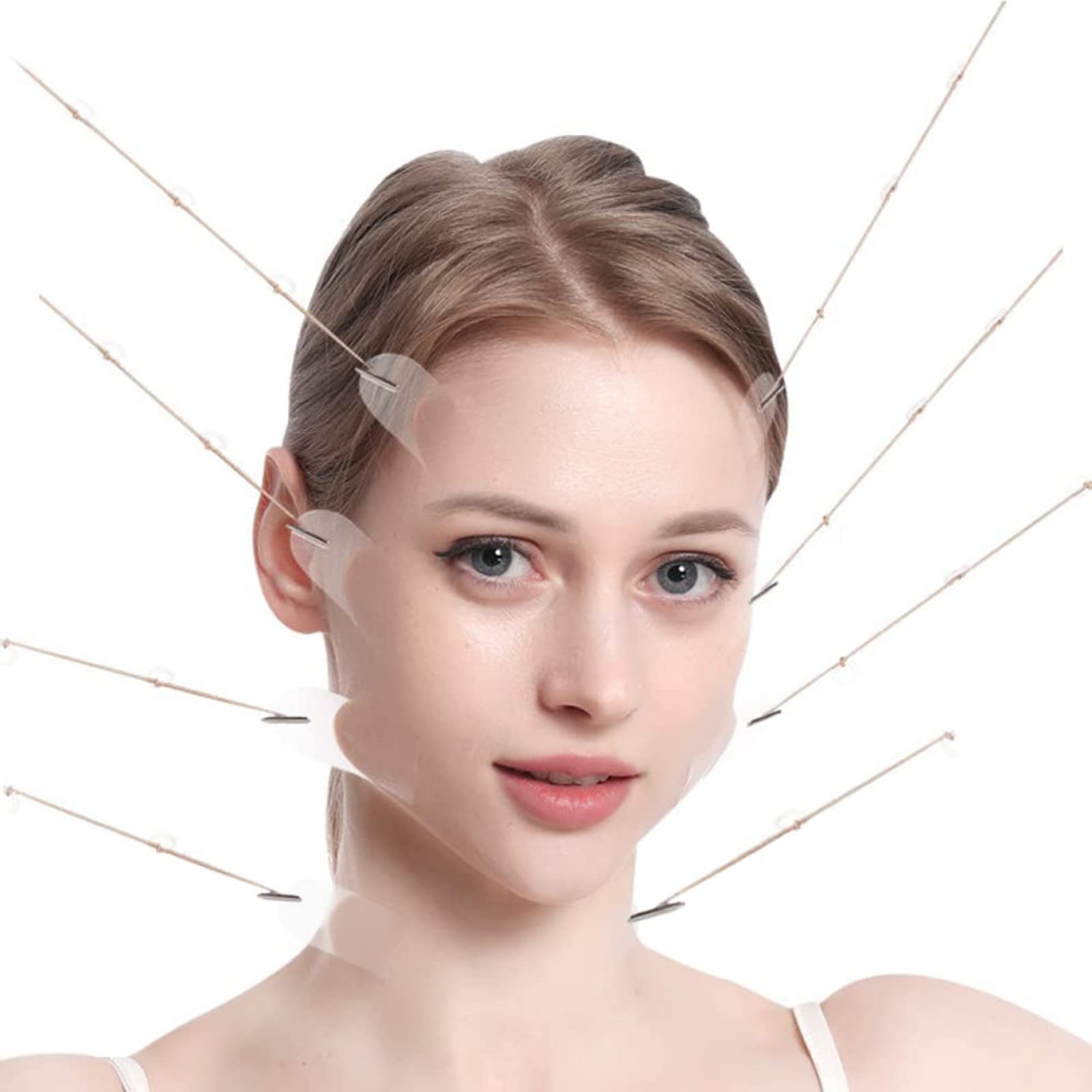 ICYNIAW 20PCS Face Lift Sticker With Fixed Rope,Instant V-Shape Facelift Bands,Face Lifting Tapes Double Chin Reducer Face Wrinkle Patches (White)