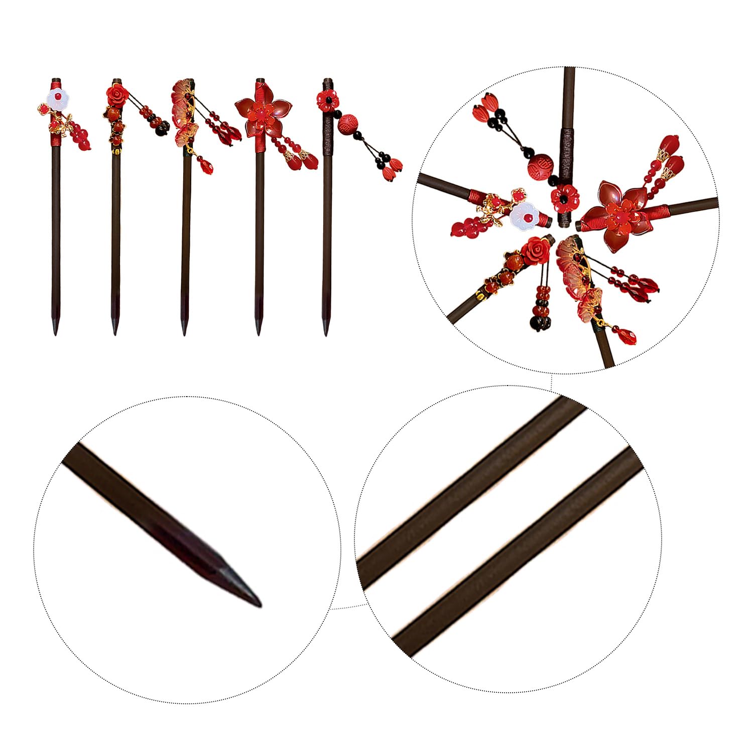 Juego de 5 horquillas de madera retro, palillos para el cabello, estilo chino y japonés