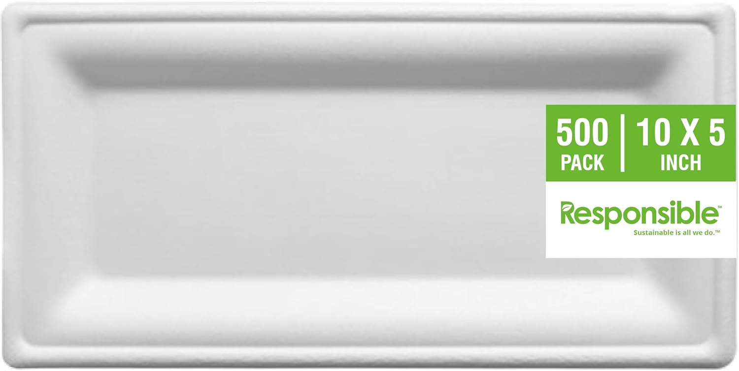 Responsible Products 100% Compostable Square Paper Plates, Disposable Paper Plates 10 x 5 inch for Party (50 Count), Heavy Duty Paper Dinner Plates, Dessert Plates, Made from Sugarcane ＆ Bamboo Fibers