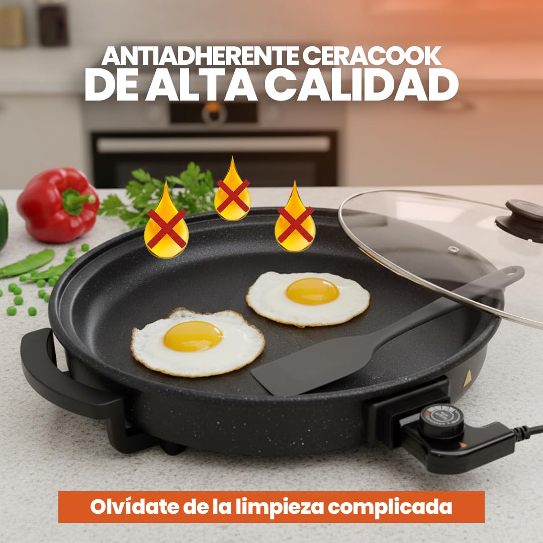 Sogo Sartén Paellera Eléctrica Ø42CM Con Tapa Cristal Reforzado - Multicazuela Antiadherente Para Paellas Y Carnes - Plancha Eléctrica Con Termostato 240ºC - Wok Multifunción Que Ahorra Energía