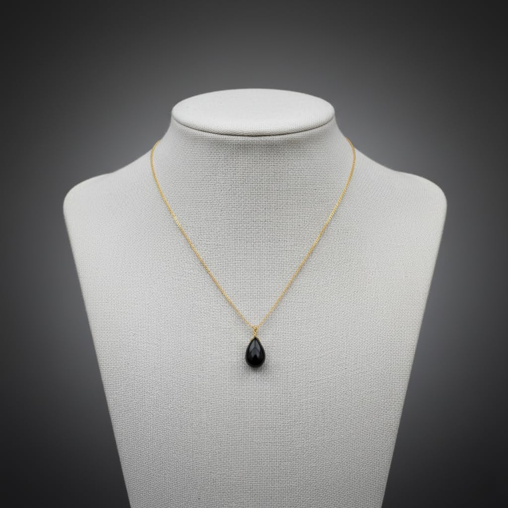 Natural Black Onyx Pear Shape Pendant Necklace for Women | Gold Plated Hypoallergenic Protection Crystal Jewelry | Strength & Grounding Stone 16"+2" (Black Onyx) - Image 3