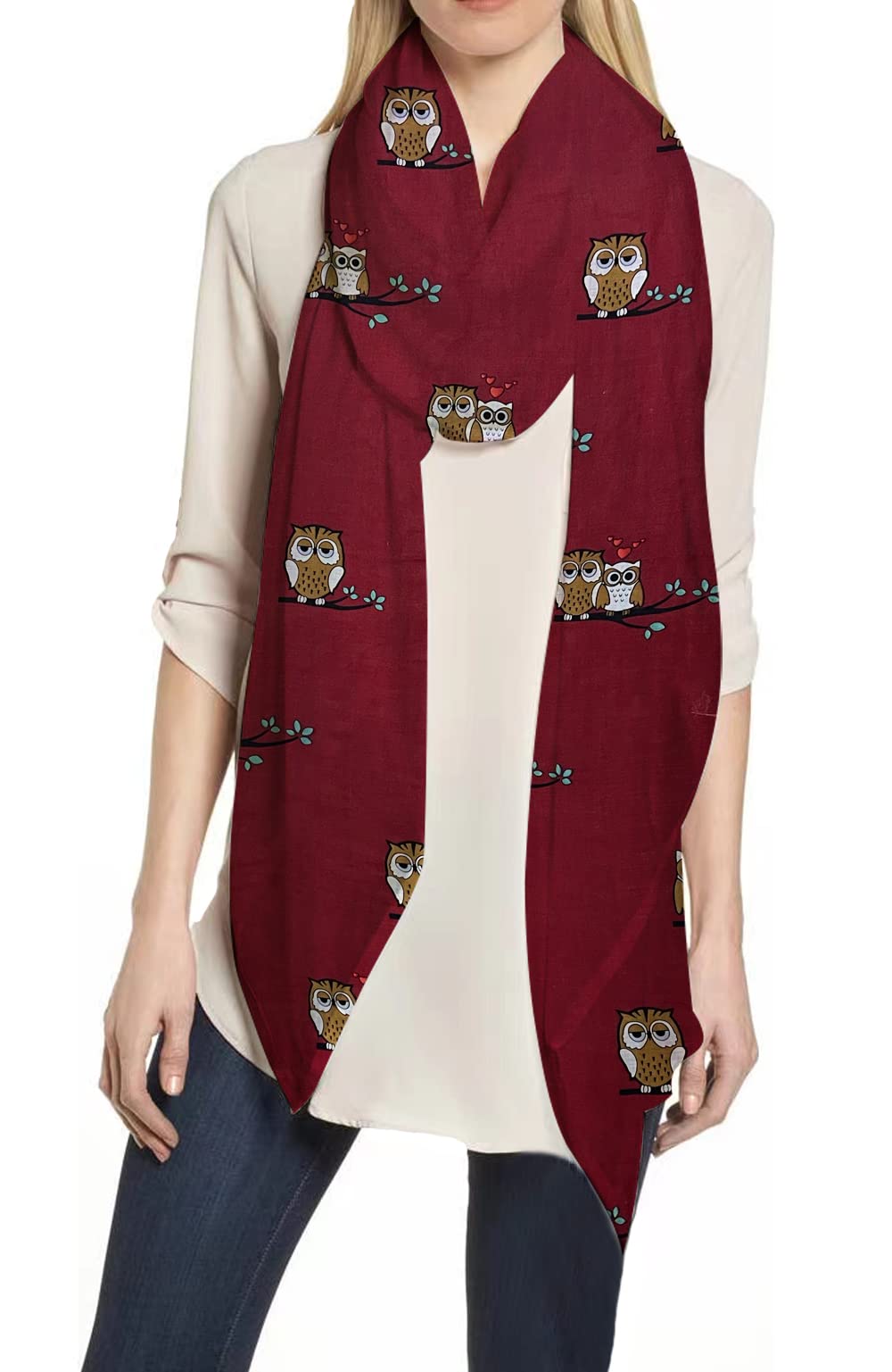 Lina & Lily Owl Print Women's Large Scarf Shawl Wrap Lightweight (Dark Red)