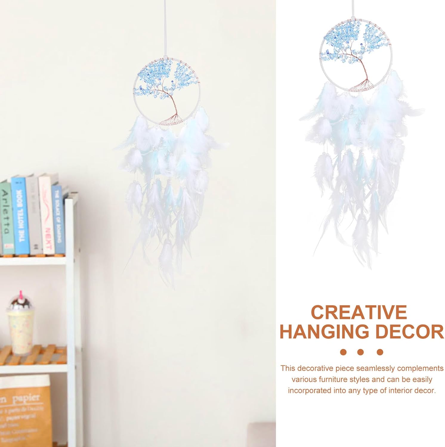 Handmade Life Tree Dream Catcher with Crystal Stones Plume Pendant, Indoor Bedroom Hanging Ornament, Unique Boho Home Window Decor