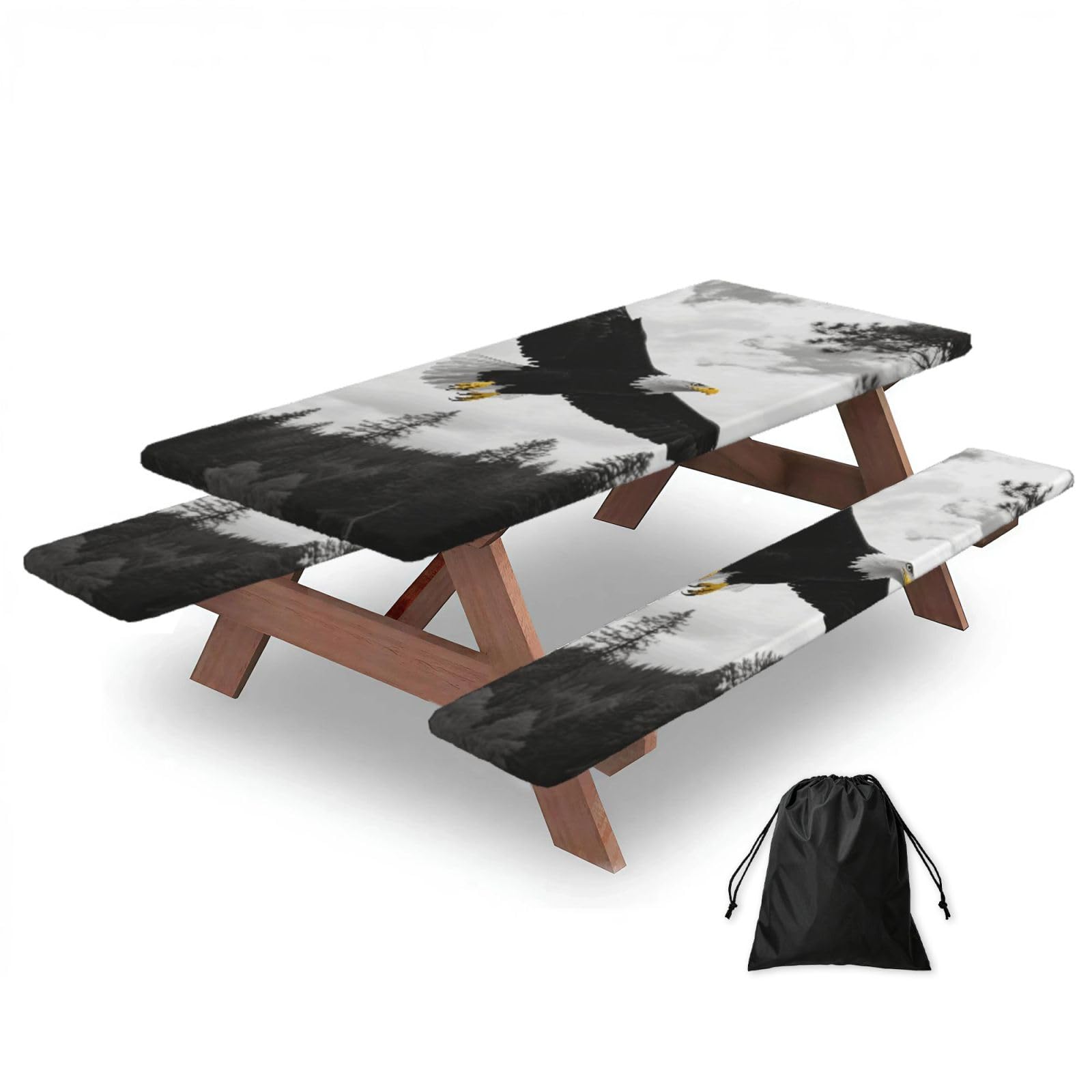 FekiLoot Balck Eagle Forest Picnic Table Cover with Bench Covers and Bag, Windproof Waterproof Rectangle Tablecloth with Elastic Edges Fitted Camping Table Covers Portable Camping Accessories