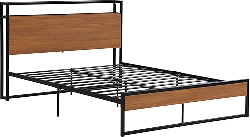 Miniatura 5 de VilroCaz Cama de plataforma de tamaño matrimonial con enchufes y puertos USB, marco de cama de plataforma de metal moderno con cajones, soporte de