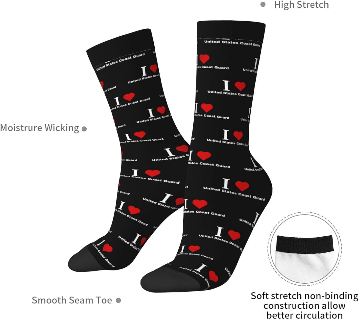 I love United States Coast Guard Socks For Men Women Sport Crew Athletic Running Wicking Socks