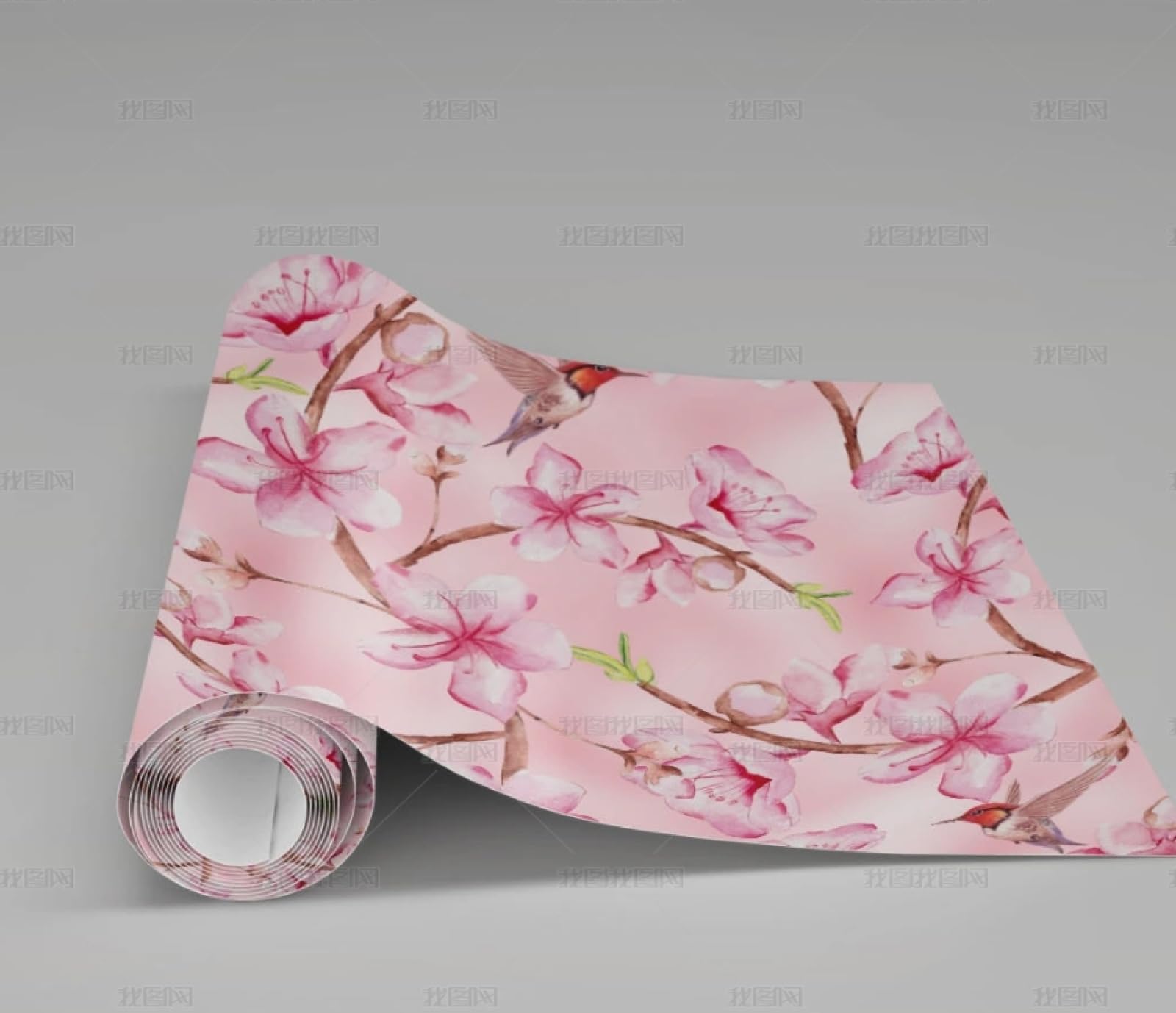 Papier peint autocollant oiseau fleur pêcher rose vinyle adhésif meuble armoire mur 45x300