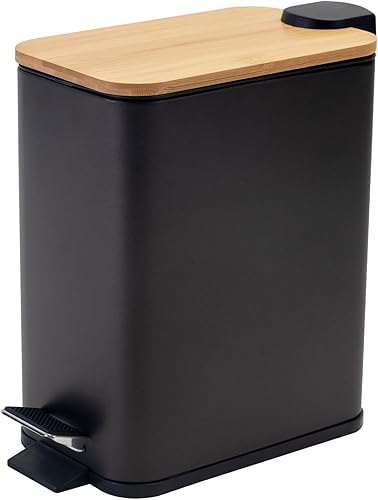 Basurero de baño, tapa de bambú, de metal, de forma delgada, para cocina, dormitorio, sala de estar con tapa de cierre suave, pequeña cesta de