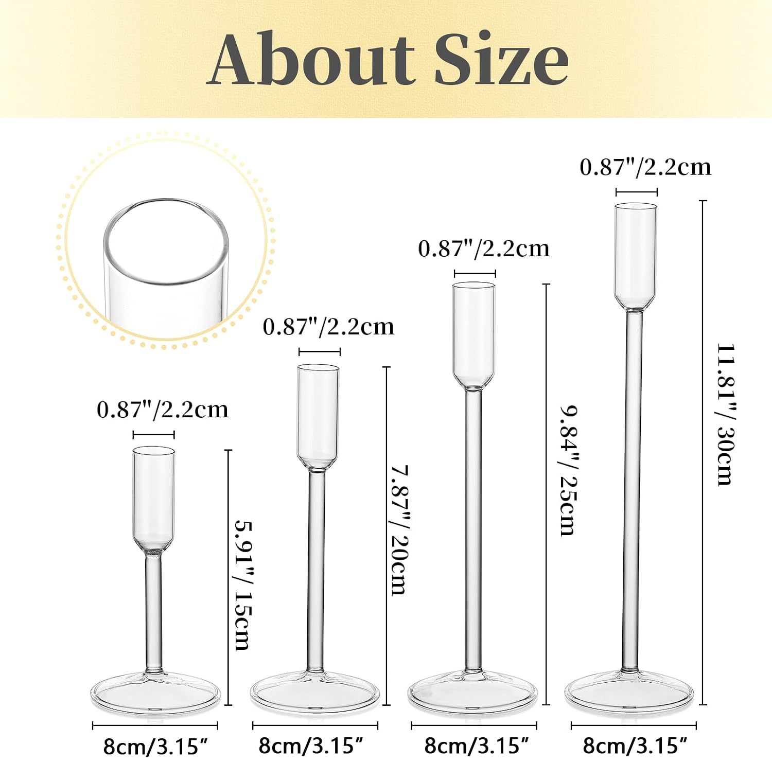 Hewory 12er Set Klar Kerzenständer Glas Stabkerzenhalter für Tischdeko | H. 15/20/25/30 cm, Verbreiterter Sockel, Schlicht & Elegant, Kerzenhalter Stabkerze für Deko Hochzeit Party Weihnachten