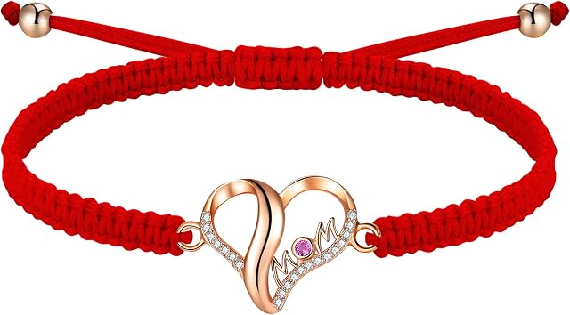 J.Endéar Mum Bracelet Handmade Braided Rope Love Heart Silver 925 Red Zirconia Women Bracelet Mother's Day Birthday Gift for Mom