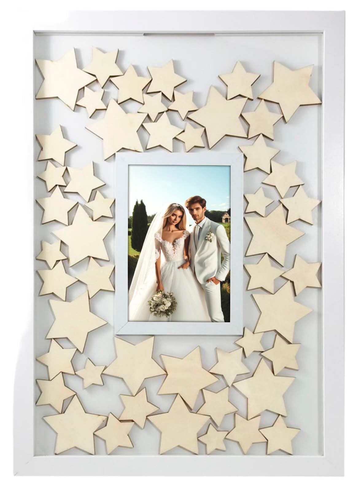 Marco de los Deseos 42 x 29 centimetros, Personalizable con Foto de 10x15 cm, 50 Estrellas de Madera para Firmas - Libro de Visitas y de firmas, Ideal para Bodas, bautizos y Eventos Especiales