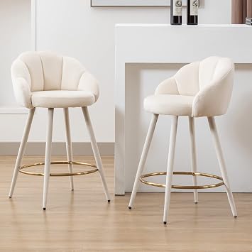 LZAREAL 25.5 Counter Height Barstools Set of 2 Modern Velvet Upholstered Bar Stools with Petal Back & Golden Footrest for Kitchen Island/Breakfast Bar/Restaurant, Cream