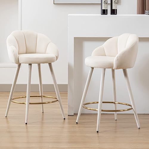 LZAREAL 25.5'' Counter Height Barstools Set of 2 Modern Velvet Upholstered Bar Stools with Petal Back & Golden Footrest for Kitchen Island/Breakfast Bar/Restaurant, Cream