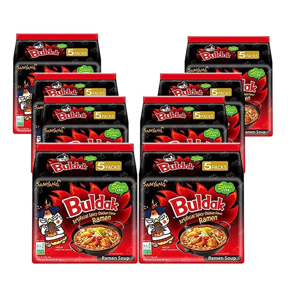 Samyang Chicken Ramen Noodles (140 x 5) Gram - Instant Korean Style Spicy Flavour - Quick & Delicious Instant Chewy Noodles (Pack of 8, Samyang Stew Type Noodles)