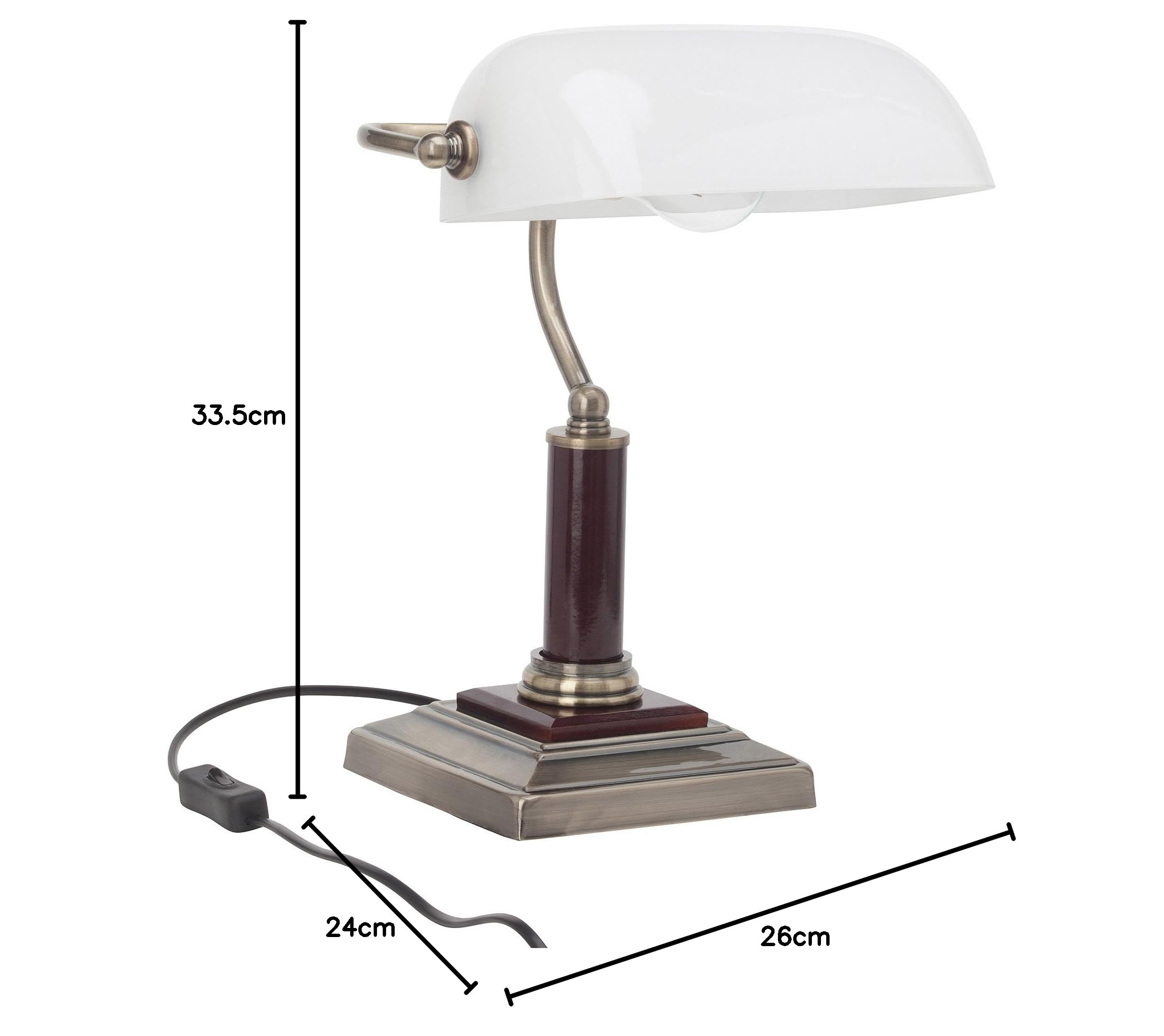 Lightbox Lampada Banker con testa girevole e interruttore a bilanciere | 34 cm di altezza | lampada da tavolo classica con paralume Michglas | in vetro/metallo/legno di quercia in ottone/oro /